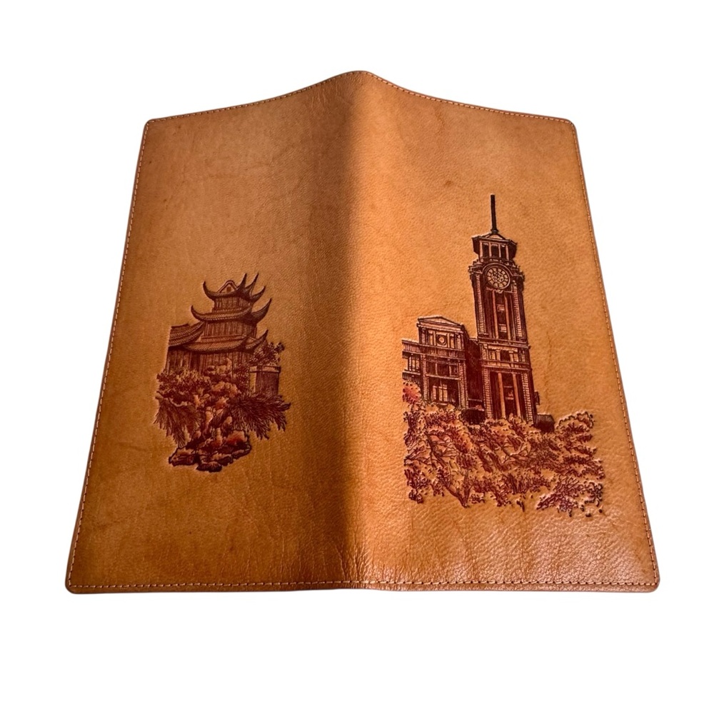 Vintage Shanghai Race Club Clock Tower Wallet Tooled Leather Bifold Asian Pagoda